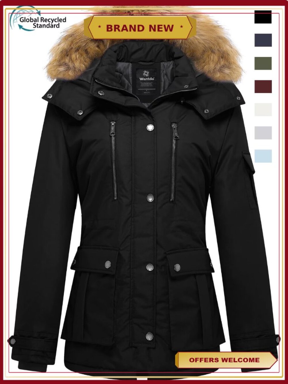 Wantdo Women's Recycled Winter Coat Thickened Hooded Parka